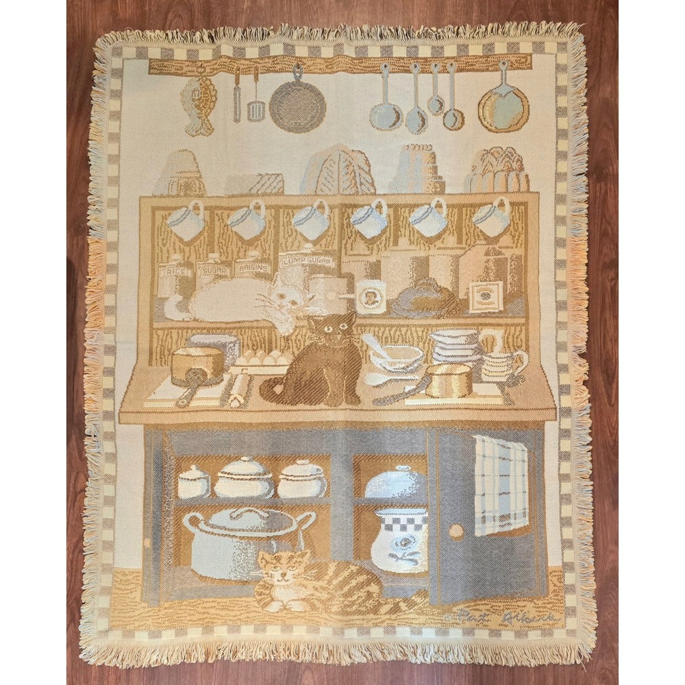 Vtg Goodwin Weavers Tapestry Throw Blanket 'Cats All Over My Kitchen' 44x59" 90s